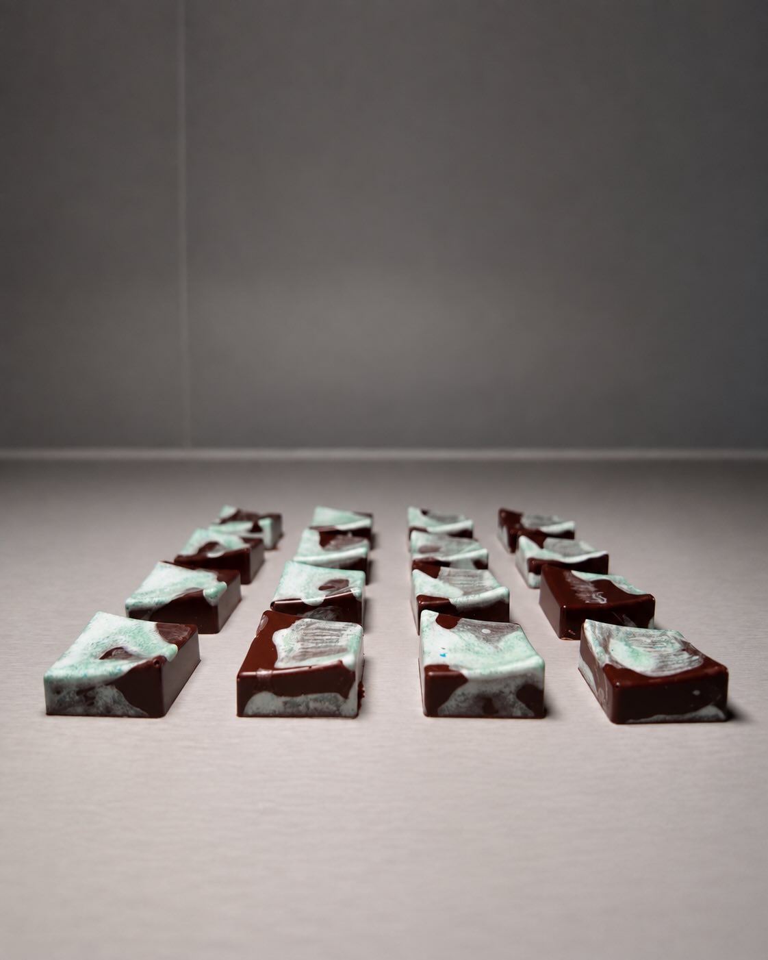 Rows of marbled pistachio chocolate bonbons